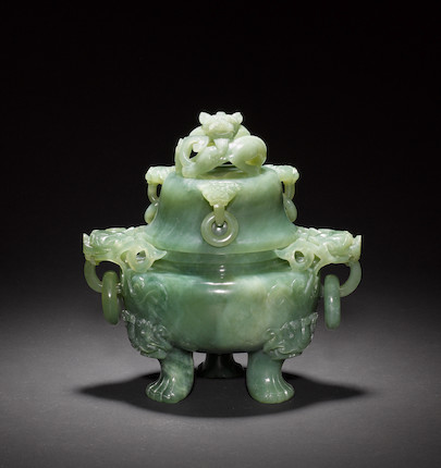 Bonhams : A green jade, or other hardstone, vessel with domed cover and ...