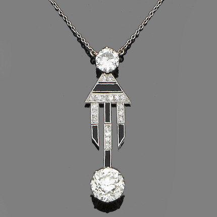 An art deco diamond and onyx pendant necklace, image 1