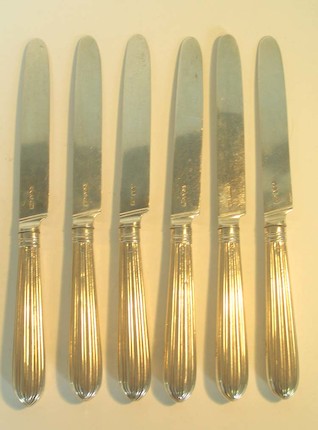 Bonhams : Six George III silver dessert / fruit knives, by Moses Brent ...