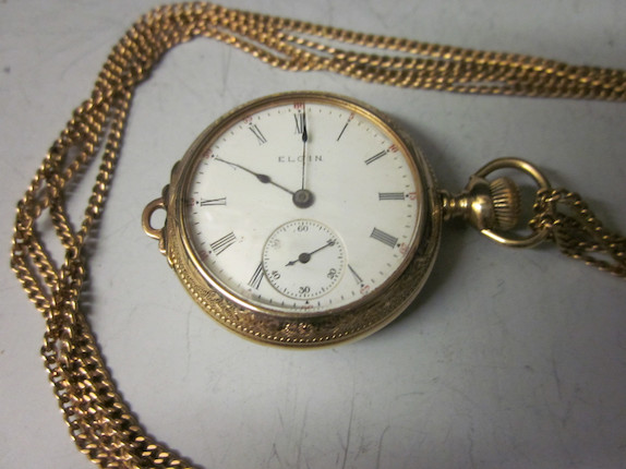 Bonhams : Elgin A 14 carat gold fob watch and chain,