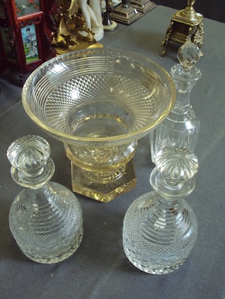 Bonhams : Three decanters and a cut glass pedestal vase