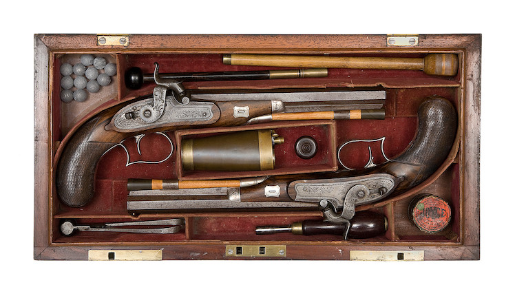 A Rare Cased Pair Of 32-Bore Silver-Mounted Percussion Duelling Pistols image 1