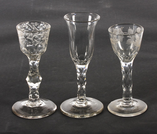 Bonhams : Three facet-stem wine glasses, circa 1770