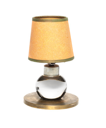 Table Lamp attributed to Jacques Adnet circa 1930  silvered bronze and glass with parchment shade stamped bronze to the base  Height 19 cm.                7 1/2 in. image 1