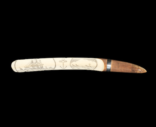 Bonhams : A 19th century Walrus tusk scrimshaw page turner. 18ins
