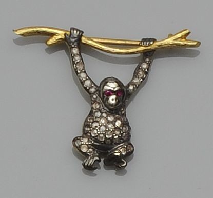 Bonhams : A diamond set monkey brooch