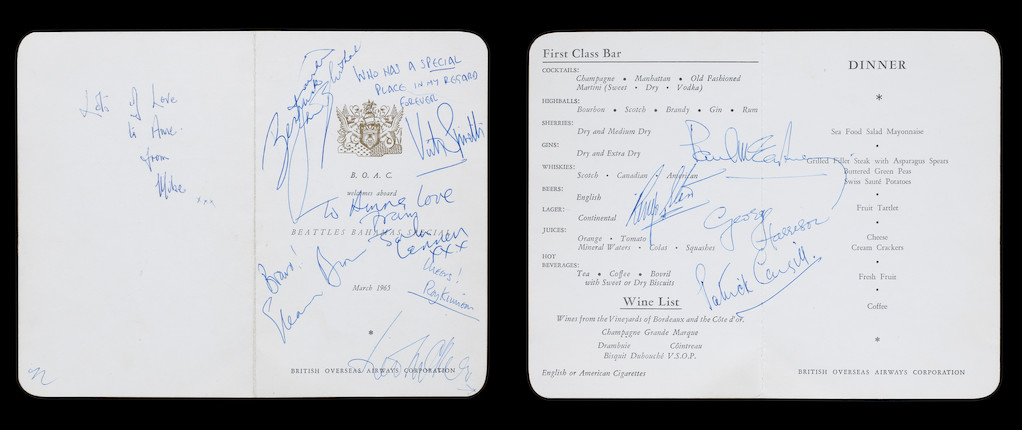 Bonhams : An autographed B.O.A.C. 'Beatles (sic) Bahamas Special' menu ...