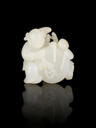 Bonhams : A white jade carving of two boys with a drum 18th century