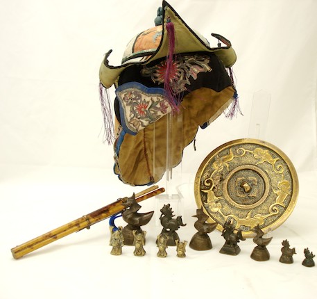 Bonhams : A Mongolian child's hat, chopstick set, bronze opium weights ...