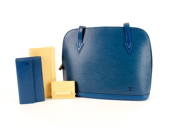 Bonhams : Four Louis Vuitton items - one royal blue epi leather shoulder bag,  and matching purse, and a lemon yellow clutch and matching purse