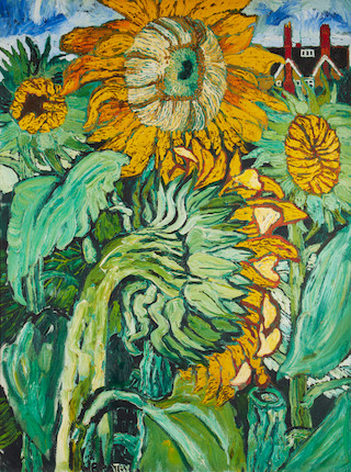 John Bratby R.A. (British, 1928-1992) Sunflowers in the artist's garden image 1