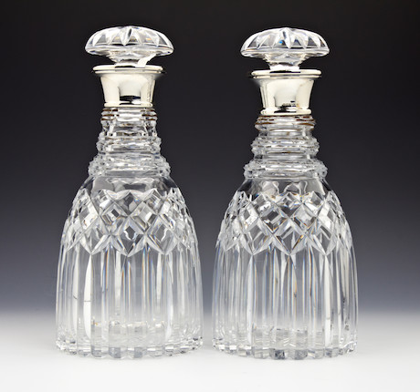 Bonhams : A pair of silver collar glass decanters London 1935