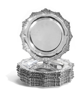 Bonhams : A set of twelve George IV silver dessert plates by Robert ...