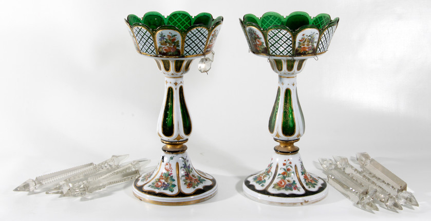 Bonhams A Pair Of Bohemian Green Overlaid Glass Table Lustres Circa 1900