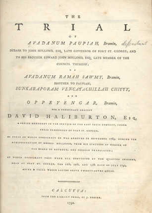 Bonhams : TRIALS - EAST INDIA COMPANY, 1792 The Trial of Avadanum ...