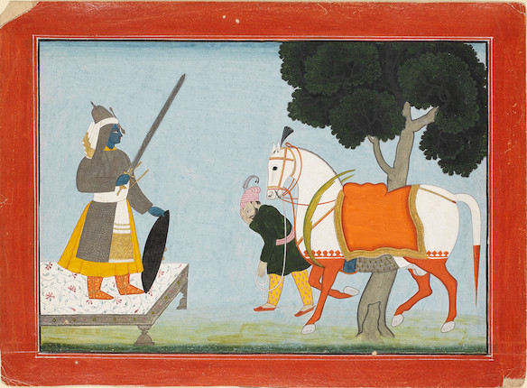 Bonhams : Kalki Avatar the white horse avatar of Vishnu, the horse led by a  groom Garwhal, circa 1780