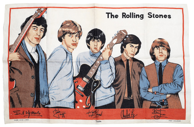 : The Rolling Stones A set of autographs, Fan Club monthly No.1, and an tea towel, 1960s,