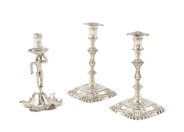 Bonhams : A pair of Victorian silver tapersticks, in the 18th century ...