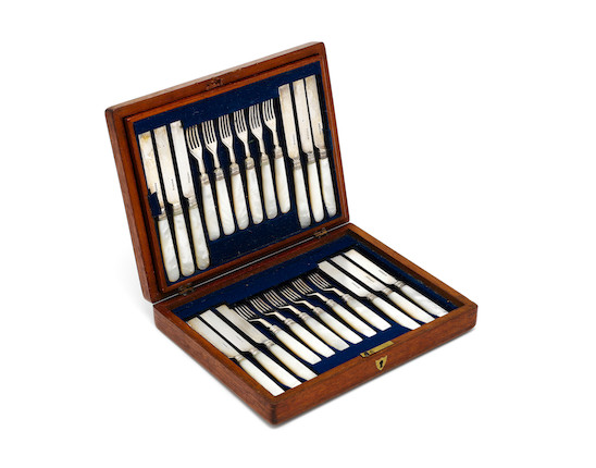 Bonhams : A cased set of twelve pairs of Victorian silver and mother of ...