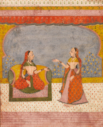 Bonhams : Two maidens in discussion on a terrace Jodhpur, late 18th Century