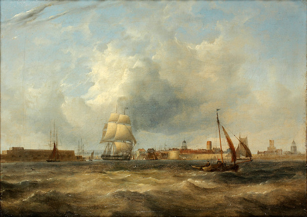 Bonhams : English School, circa 1800 Fishing boats off Portsmouth harbour