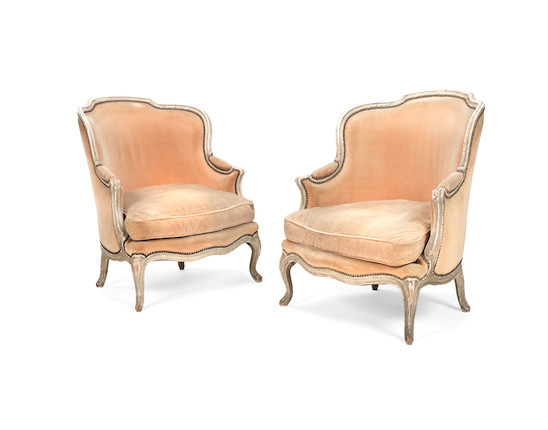 A pair of French late 19th century painted wingback bergeres in the Louis XV style (2) image 1