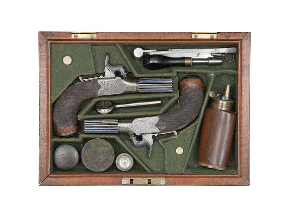 Bonhams : A Cased Pair Of 60-Bore Percussion Box-Lock Pocket Pistols