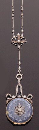 An enamel and diamond set pendant watch and a seed pearl set chain image 2