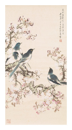 Bonhams : Wang Lanruo (Chinese, 1911 - ) Magpies and Cherry Blossoms ...