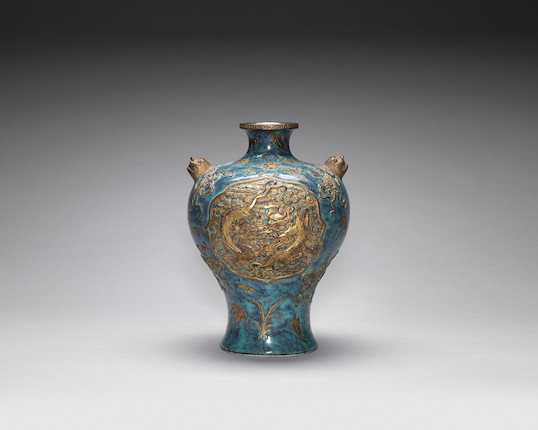 Bonhams : A gilt-decorated robin's egg style-glazed baluster vase ...