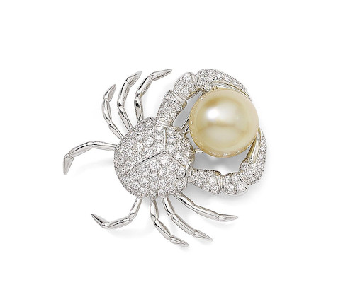 Bonhams : A cultured pearl and diamond crab brooch, by Tiffany & Co.