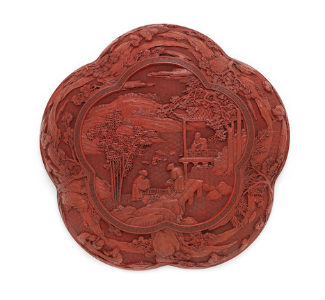 Bonhams : A rare carved cinnabar lacquer 'scholars' lobed box and cover ...