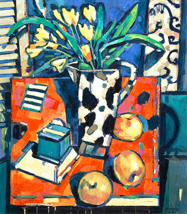 Bonhams : Terence Clarke (British, 1953) Still life with vase of yellow ...