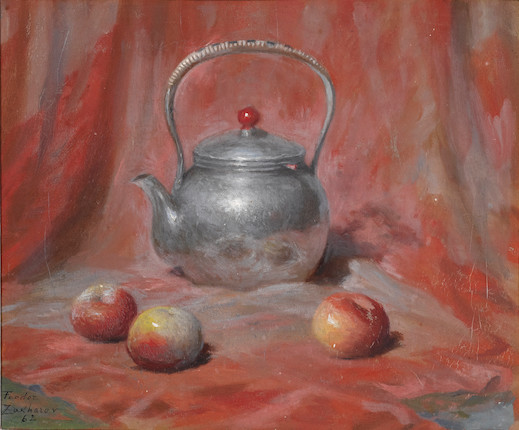 Bonhams Fedor Ivanovich Zakharov Russian 1882 1968 Still Life With Teapot And Apples 33 6 X