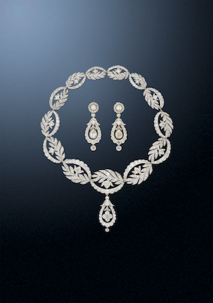 A diamond necklace and earring suite, image 1