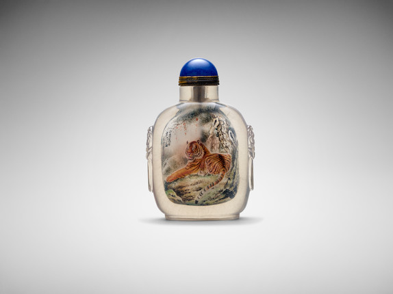 A Chinese inside-painted 'tiger' rock crystal snuff bottle Attributed to Liu Shouben, dated by inscirption 1969 image 1