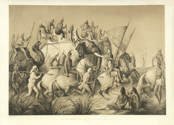 De Rudder after A. Soltykoff, Maharajah Sher Singh (1807-43) riding an elephant with an extensive retinue accompanying him on horseback, elephants and on foot image 1