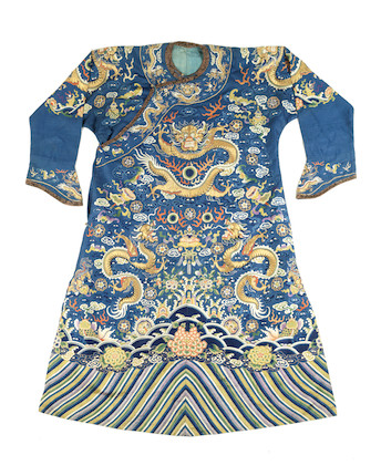 Bonhams : A Blue-ground Silk Embroidered 'dragon' Robe Late Qing Dynasty