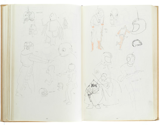 Star Wars Episode IV - A New Hope John Mollo's personal sketchbook Notes & Sketches 1, a custom bound volume containing important and detailed working sketches and costume designs for many of the characters from the film Star Wars, together with production diary entries, meeting notes, time-lines and costume descriptions, the majority in black ink, some with colour; additionally the volume contains working for numerous military uniform designs for books, commercials and additional projects Mollo worked on during this time frame, Lucasfilm / Twentieth Century Fox, April 1975 - July 1976, image 44
