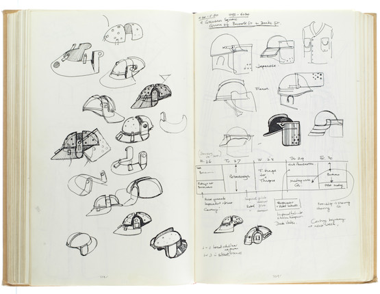 Star Wars Episode IV - A New Hope John Mollo's personal sketchbook Notes & Sketches 1, a custom bound volume containing important and detailed working sketches and costume designs for many of the characters from the film Star Wars, together with production diary entries, meeting notes, time-lines and costume descriptions, the majority in black ink, some with colour; additionally the volume contains working for numerous military uniform designs for books, commercials and additional projects Mollo worked on during this time frame, Lucasfilm / Twentieth Century Fox, April 1975 - July 1976, image 39