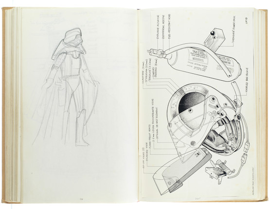 Star Wars Episode IV - A New Hope John Mollo's personal sketchbook Notes & Sketches 1, a custom bound volume containing important and detailed working sketches and costume designs for many of the characters from the film Star Wars, together with production diary entries, meeting notes, time-lines and costume descriptions, the majority in black ink, some with colour; additionally the volume contains working for numerous military uniform designs for books, commercials and additional projects Mollo worked on during this time frame, Lucasfilm / Twentieth Century Fox, April 1975 - July 1976, image 36