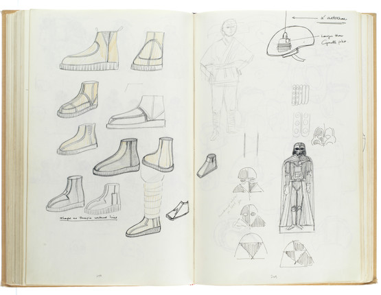 Star Wars Episode IV - A New Hope John Mollo's personal sketchbook Notes & Sketches 1, a custom bound volume containing important and detailed working sketches and costume designs for many of the characters from the film Star Wars, together with production diary entries, meeting notes, time-lines and costume descriptions, the majority in black ink, some with colour; additionally the volume contains working for numerous military uniform designs for books, commercials and additional projects Mollo worked on during this time frame, Lucasfilm / Twentieth Century Fox, April 1975 - July 1976, image 29