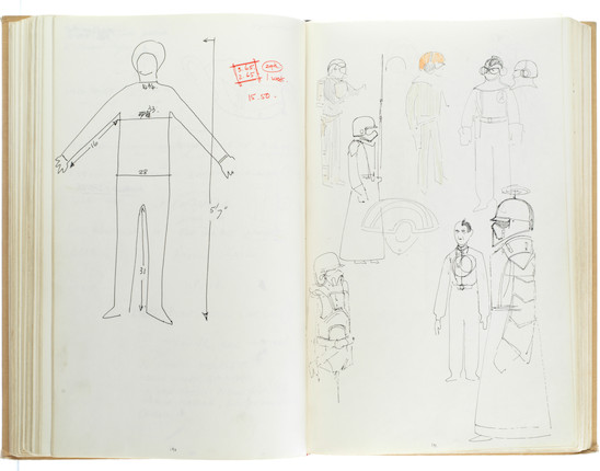 Star Wars Episode IV - A New Hope John Mollo's personal sketchbook Notes & Sketches 1, a custom bound volume containing important and detailed working sketches and costume designs for many of the characters from the film Star Wars, together with production diary entries, meeting notes, time-lines and costume descriptions, the majority in black ink, some with colour; additionally the volume contains working for numerous military uniform designs for books, commercials and additional projects Mollo worked on during this time frame, Lucasfilm / Twentieth Century Fox, April 1975 - July 1976, image 21