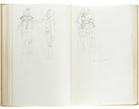 Star Wars Episode IV - A New Hope John Mollo's personal sketchbook Notes & Sketches 1, a custom bound volume containing important and detailed working sketches and costume designs for many of the characters from the film Star Wars, together with production diary entries, meeting notes, time-lines and costume descriptions, the majority in black ink, some with colour; additionally the volume contains working for numerous military uniform designs for books, commercials and additional projects Mollo worked on during this time frame, Lucasfilm / Twentieth Century Fox, April 1975 - July 1976, image 16