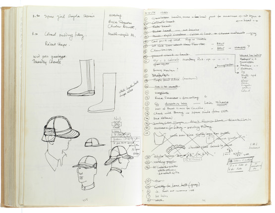 Star Wars Episode IV - A New Hope John Mollo's personal sketchbook Notes & Sketches 1, a custom bound volume containing important and detailed working sketches and costume designs for many of the characters from the film Star Wars, together with production diary entries, meeting notes, time-lines and costume descriptions, the majority in black ink, some with colour; additionally the volume contains working for numerous military uniform designs for books, commercials and additional projects Mollo worked on during this time frame, Lucasfilm / Twentieth Century Fox, April 1975 - July 1976, image 11