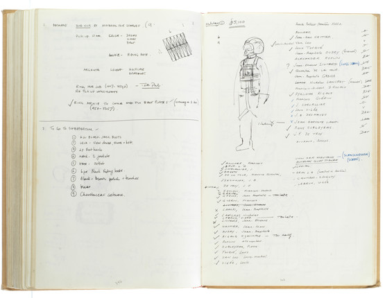 Star Wars Episode IV - A New Hope John Mollo's personal sketchbook Notes & Sketches 1, a custom bound volume containing important and detailed working sketches and costume designs for many of the characters from the film Star Wars, together with production diary entries, meeting notes, time-lines and costume descriptions, the majority in black ink, some with colour; additionally the volume contains working for numerous military uniform designs for books, commercials and additional projects Mollo worked on during this time frame, Lucasfilm / Twentieth Century Fox, April 1975 - July 1976, image 8