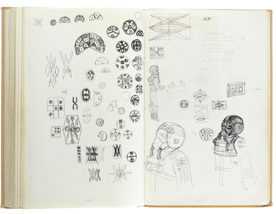 Star Wars Episode IV - A New Hope John Mollo's personal sketchbook Notes & Sketches 1, a custom bound volume containing important and detailed working sketches and costume designs for many of the characters from the film Star Wars, together with production diary entries, meeting notes, time-lines and costume descriptions, the majority in black ink, some with colour; additionally the volume contains working for numerous military uniform designs for books, commercials and additional projects Mollo worked on during this time frame, Lucasfilm / Twentieth Century Fox, April 1975 - July 1976, image 5