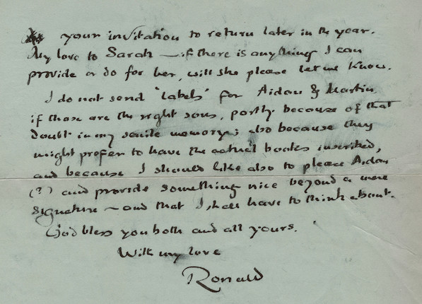 Bonhams Tolkien Jrr Autograph Letter Signed Ronald And Subscribed With My Love To My 