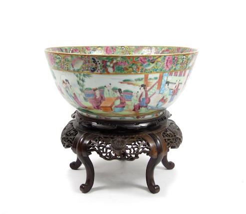 Bonhams : A Canton famille rose punch bowl on wood stand 19th century (2)