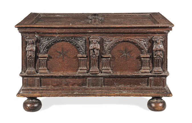 Bonhams : A small early 17th century boarded oak chest, Flemish, circa ...